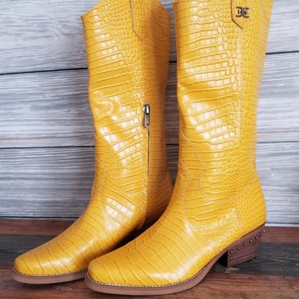 Sam Edelman Yellow Croc Embossed Western Boots